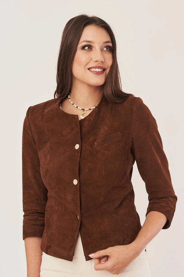 Orelia - Women's Dark Brown Collarless Suede Leather Jacket