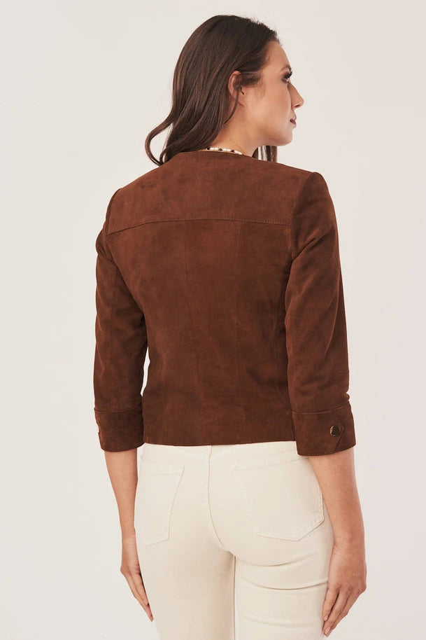 Orelia - Women's Dark Brown Collarless Suede Leather Jacket