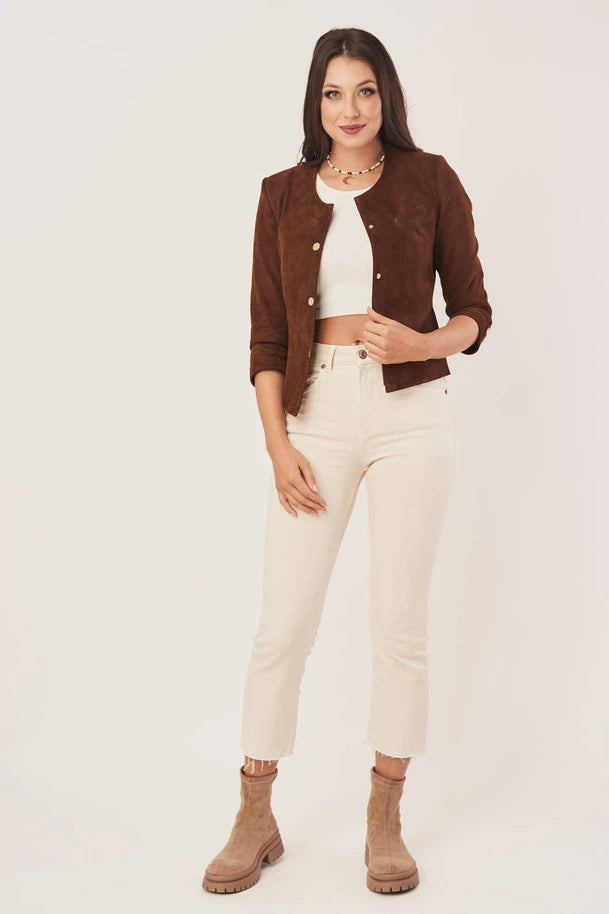 Orelia - Women's Dark Brown Collarless Suede Leather Jacket