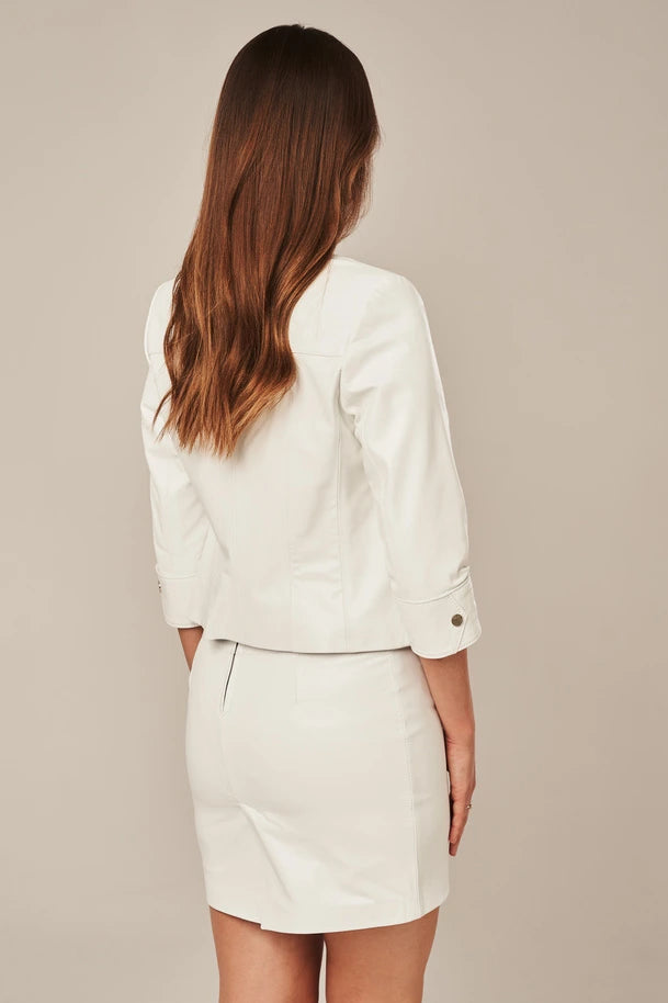 Orelia - Women's White Sheepskin Collarless Leather Jacket