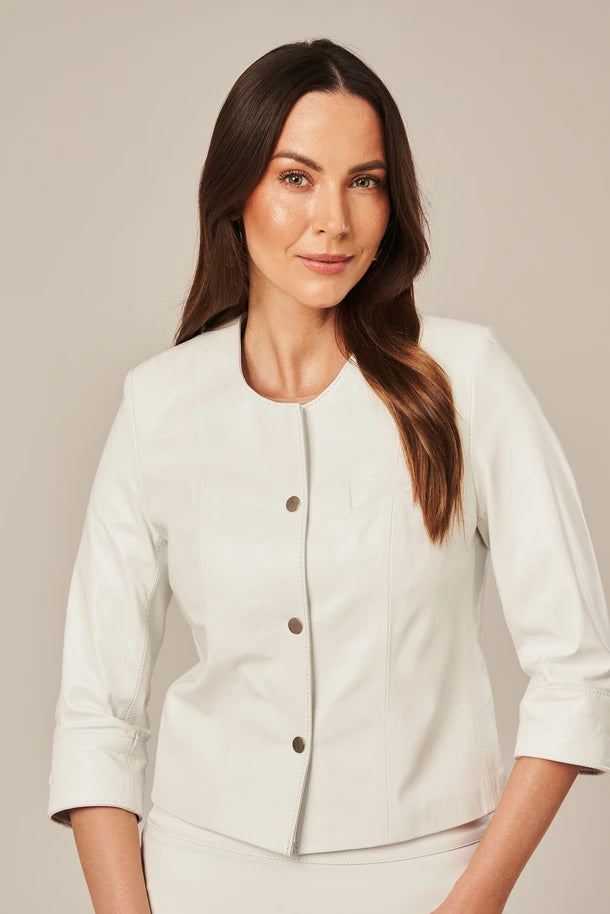 Orelia - Women's White Sheepskin Collarless Leather Jacket