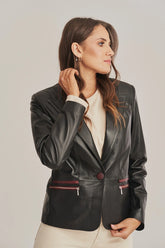 Orlina - Women's Black One Button Leather Blazer