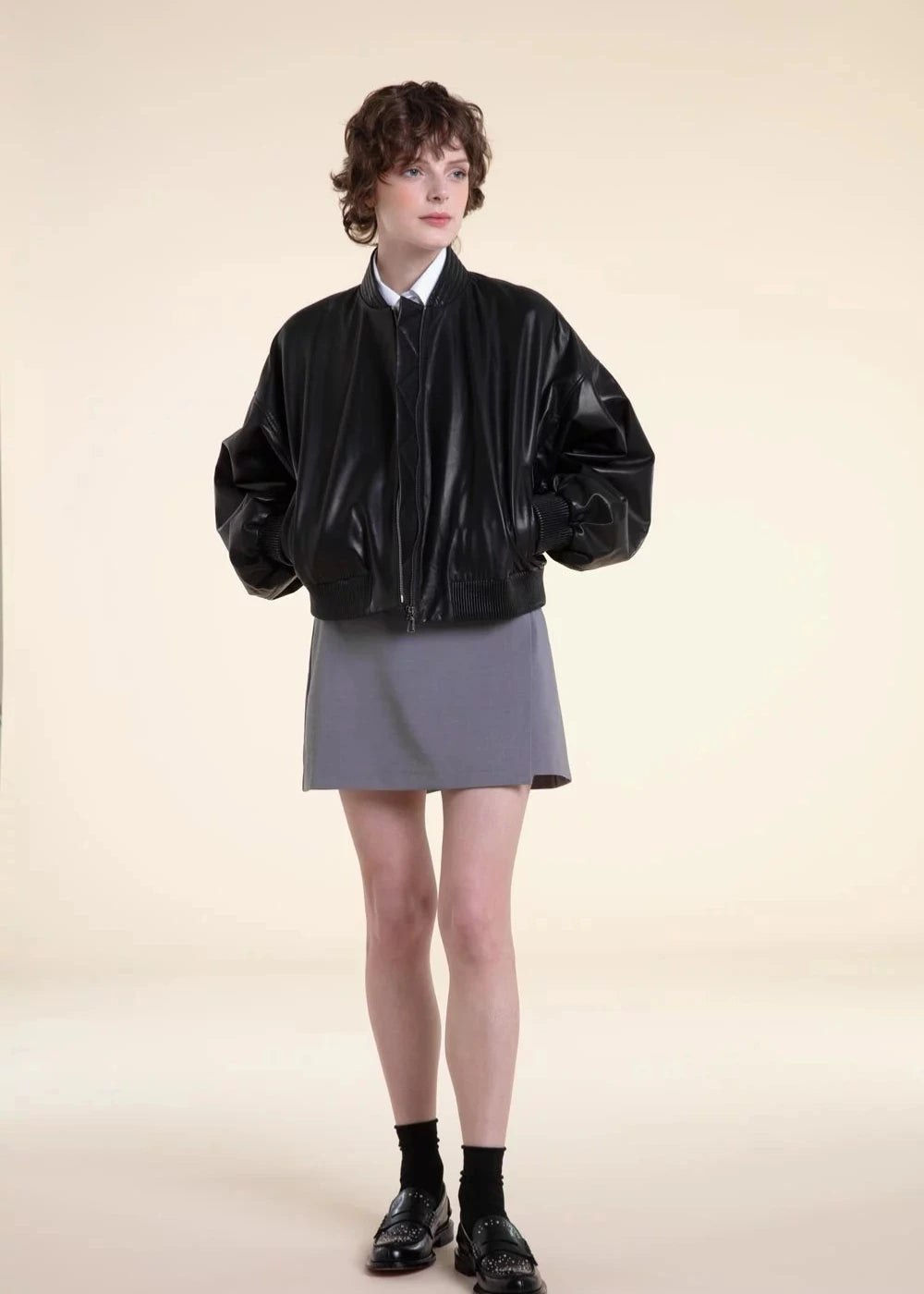 Viona - Women’s Black Oversized Leather Bomber Jacket