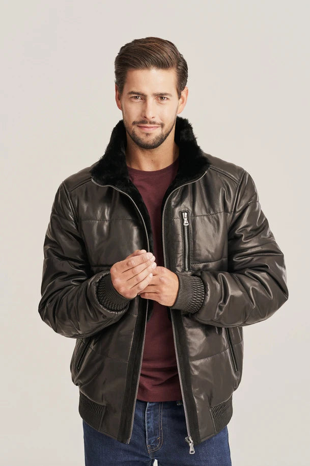 Voren - Men's Bomber Style Hooded Puffer Leather Jacket