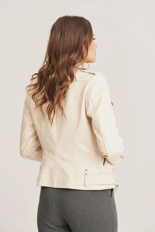 Zenyra - Women's Beige Biker Sheepskin Leather Jacket