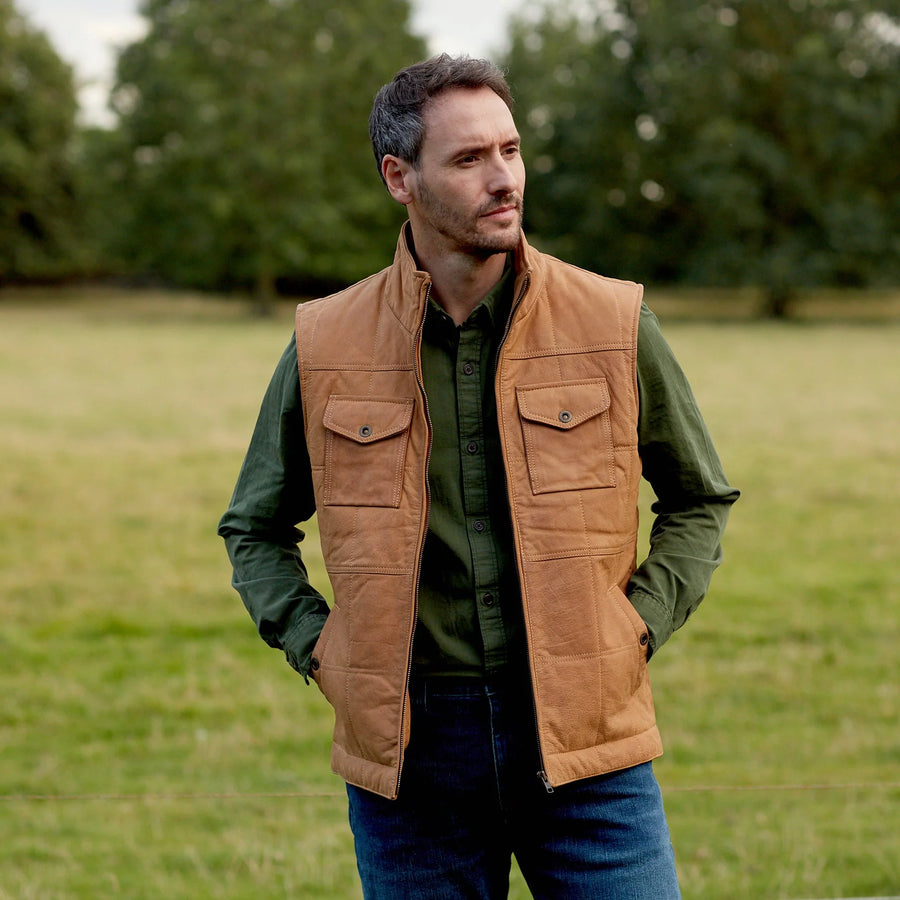 Monty: Men's Tan Leather Vest Bodywarmer