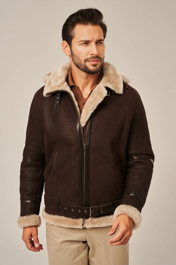 Alden - Men's Brown Leather Shearling Jacket with Hood