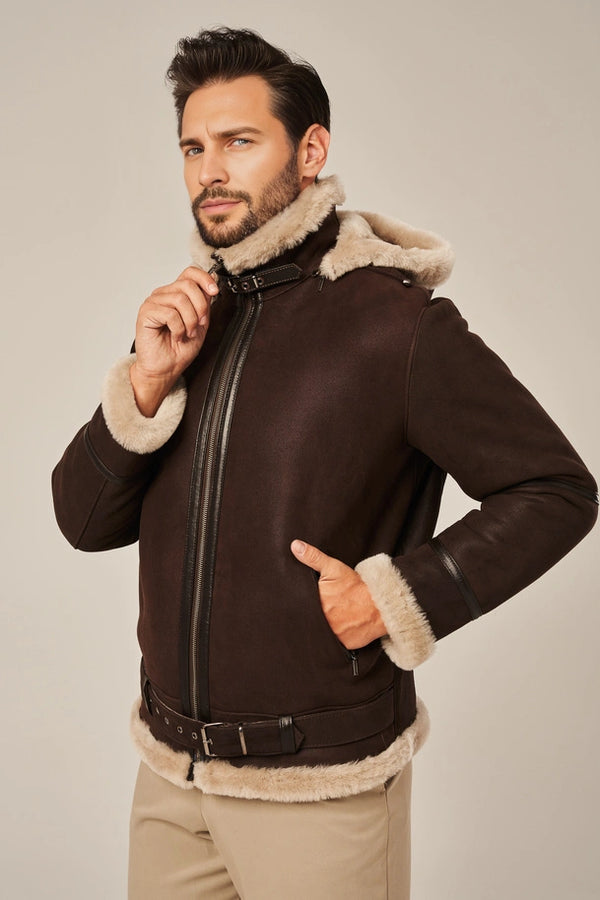 Alden - Men's Brown Leather Shearling Jacket with Hood