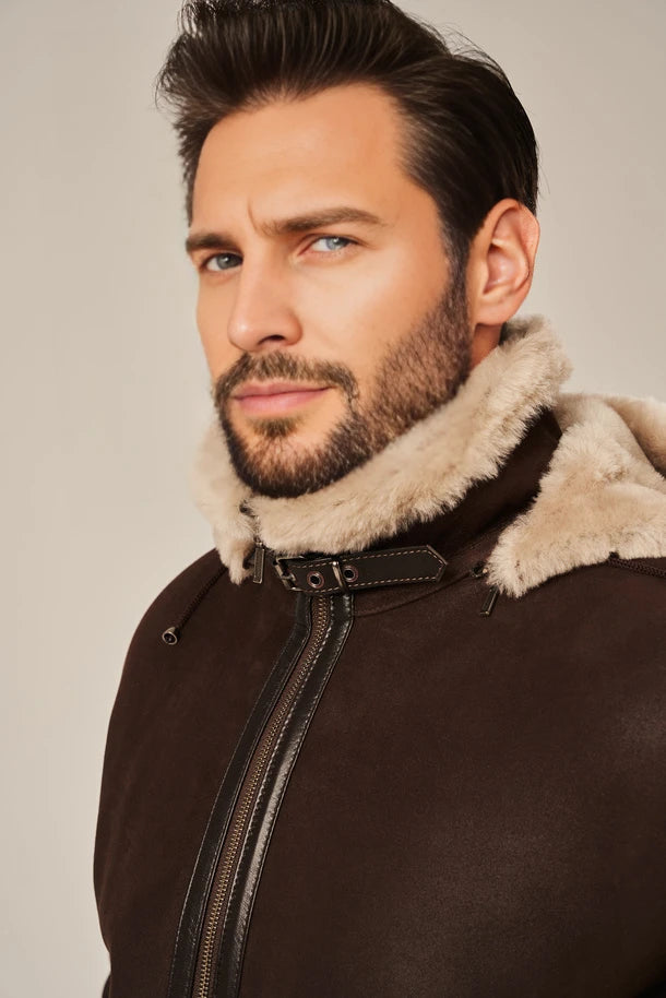 Alden - Men's Brown Leather Shearling Jacket with Hood