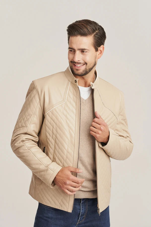Aldric - Men's Beige Sheepskin Quilted Leather Jacket