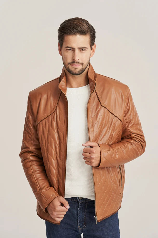 Aldric - Men's Brown Sheepskin Quilted Leather Jacket