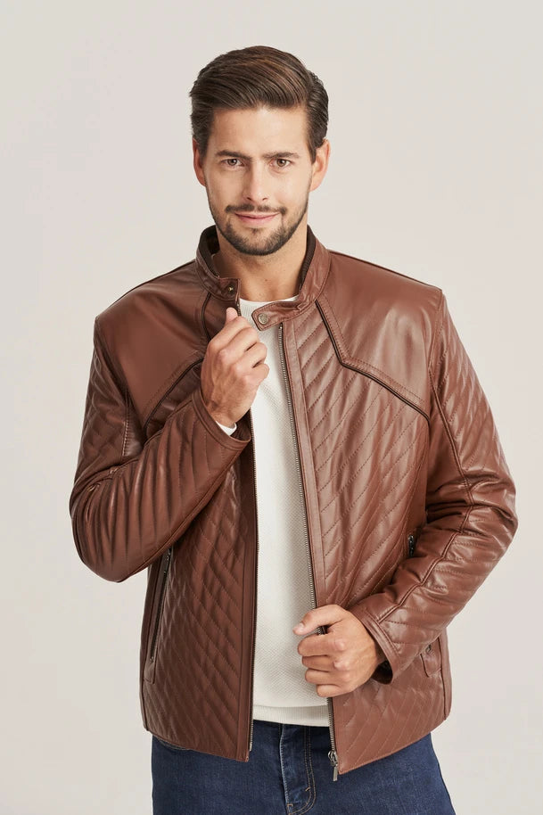 Aldric - Men's Dark Brown Sheepskin Leather Quilted Jacket