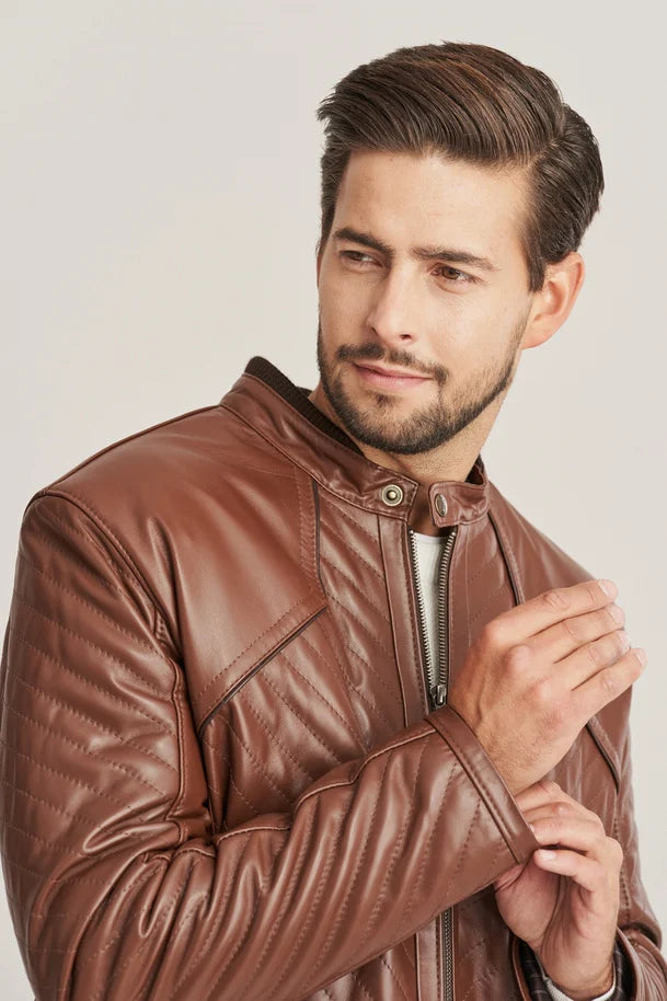 Aldric - Men's Dark Brown Sheepskin Leather Quilted Jacket