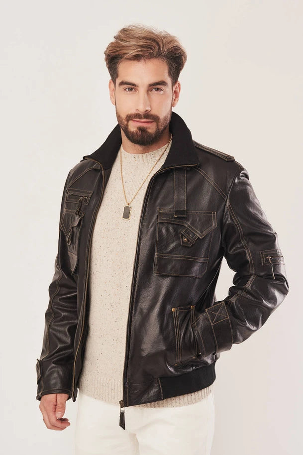 Alric - Men's Distressed Black Bomber Leather Jacket