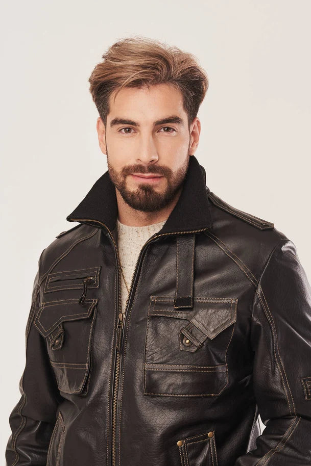 Alric - Men's Distressed Black Bomber Leather Jacket