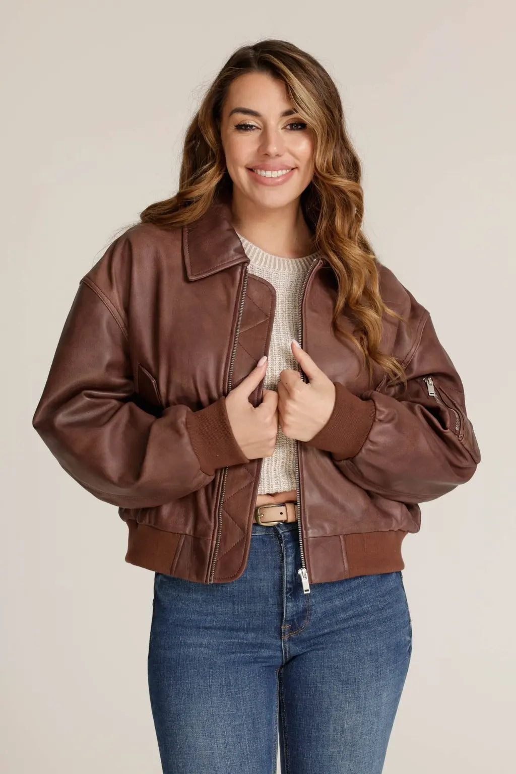 Aurelia - Women's Dark Brown Sheepskin Leather Bomber Jacket