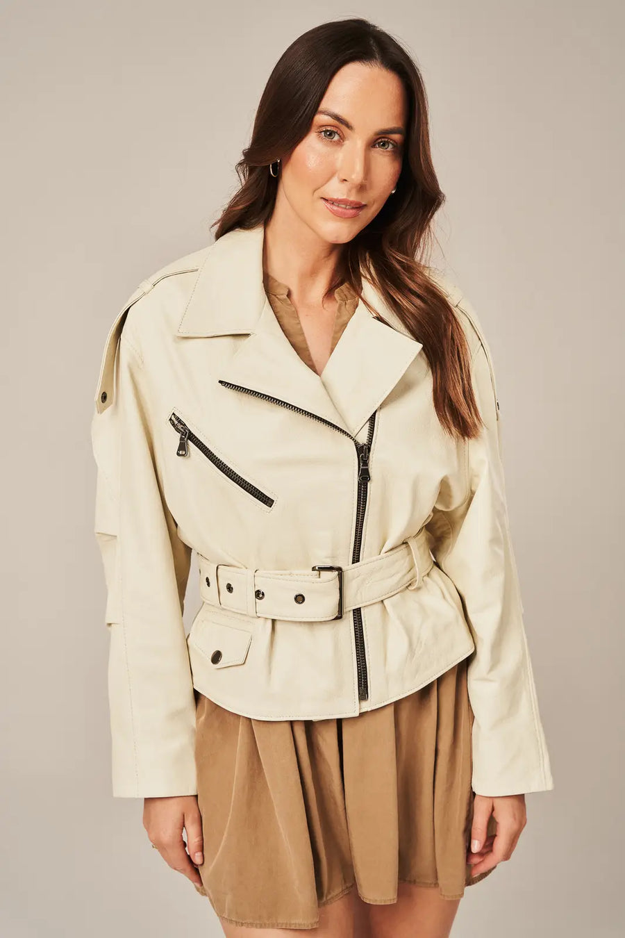 Aveline - Women's Beige Leather Biker Jacket
