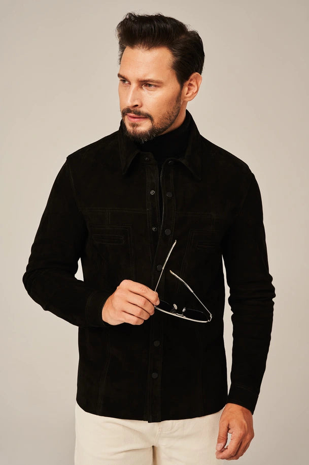 Averon -  Men's Black Suede Leather Shirt Jacket