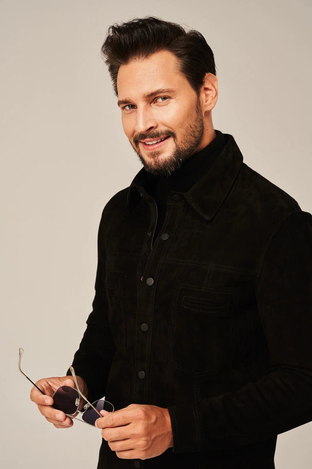 Averon -  Men's Black Suede Leather Shirt Jacket