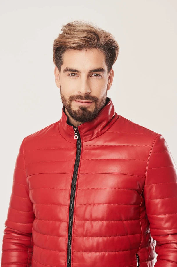 Blaine - Men's Red Leather Puffer Jacket