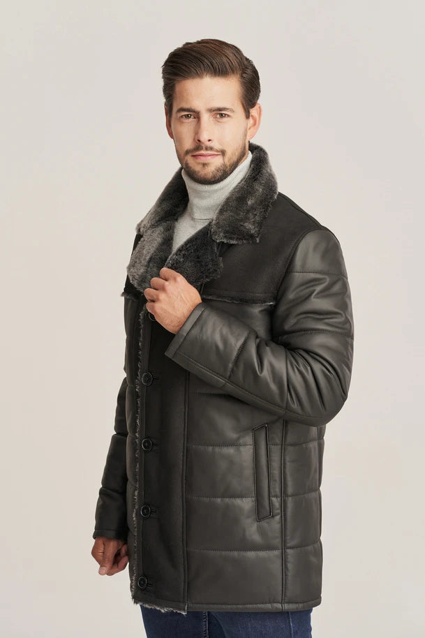 Caldrin -  Men's Black Shearling Puffer Leather Jacket