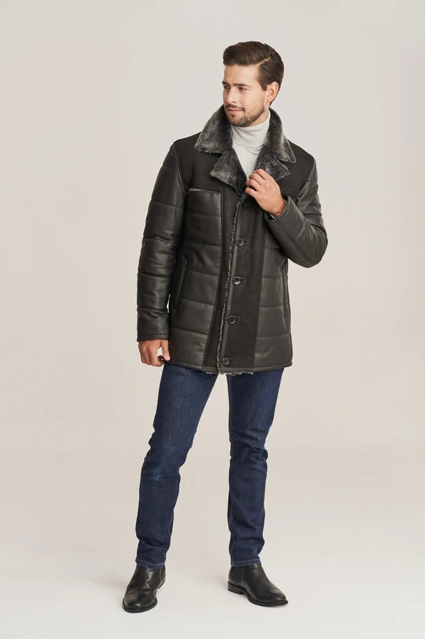 Caldrin -  Men's Black Shearling Puffer Leather Jacket