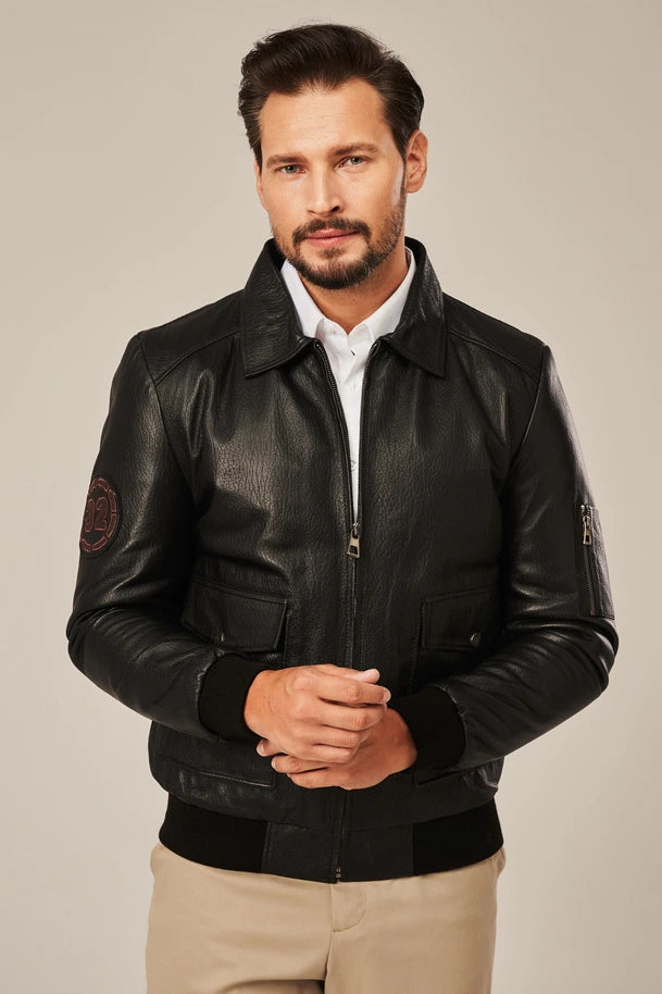 Cayden - Men's Black Bomber Style Flight Leather Jacket