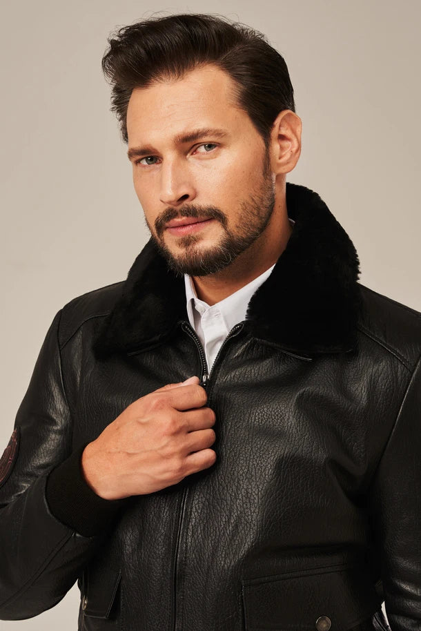 Cayden - Men's Black Bomber Style Flight Leather Jacket