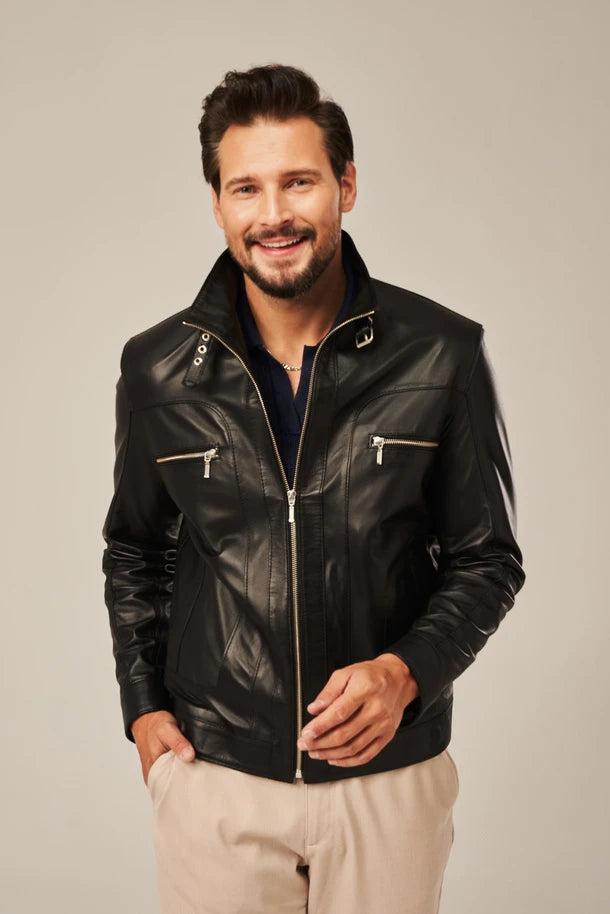 Elvric - Men's Black Sheepskin Leather Moto Jacket