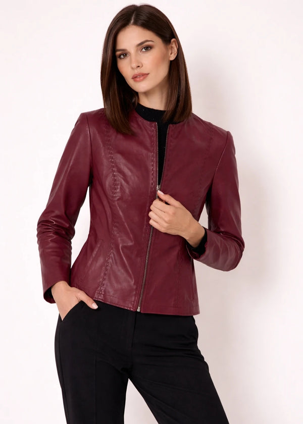 Elysia - Women’s Burgundy Leather Motorcycle Jacket