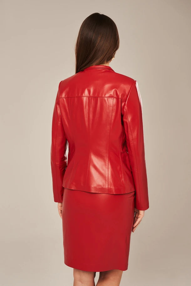 Evyra - Women's One Button Red Leather Blazer