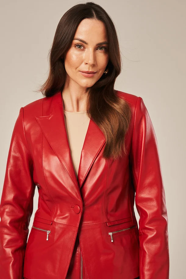 Evyra - Women's One Button Red Leather Blazer