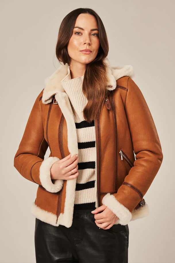 Isla - Women's Light Brown Shearling Aviator Jacket