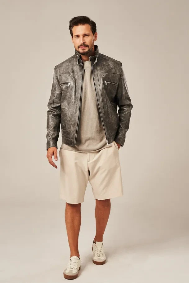 Jarex - Men’s Gray Leather Motorcycle Jacket