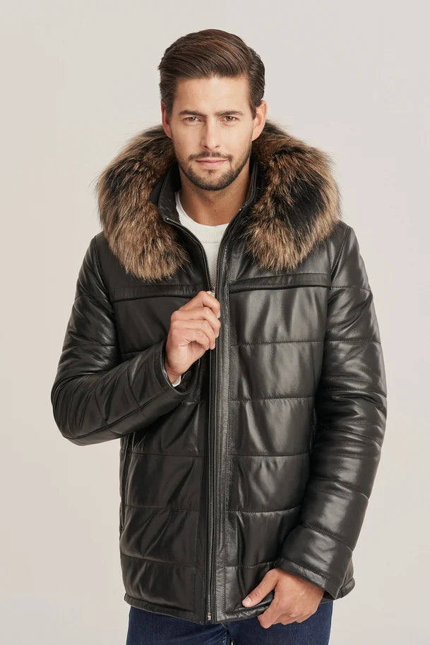 Jorik - Men's Puffer leather jacket with hood