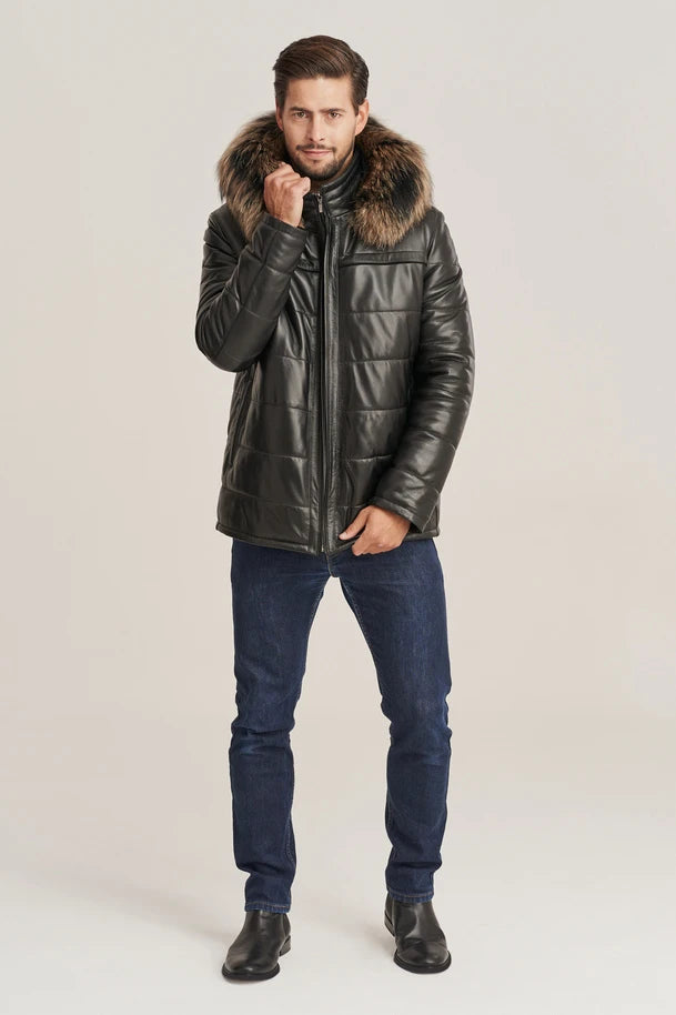 Jorik - Men's Puffer leather jacket with hood