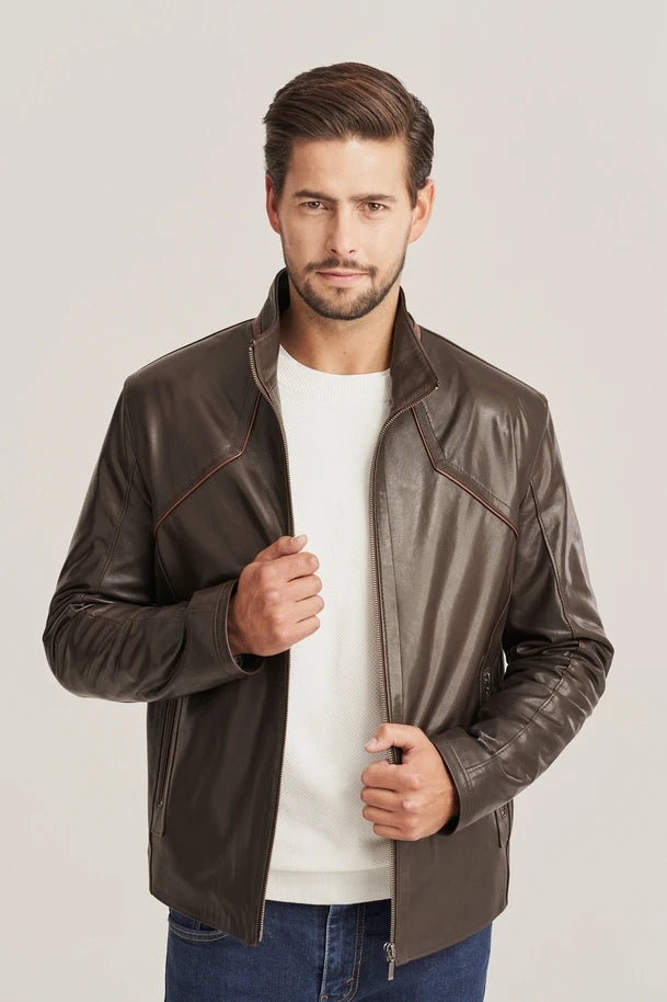 Kaiven - Men’s Brown Leather Jacket with Stand-Up Collar
