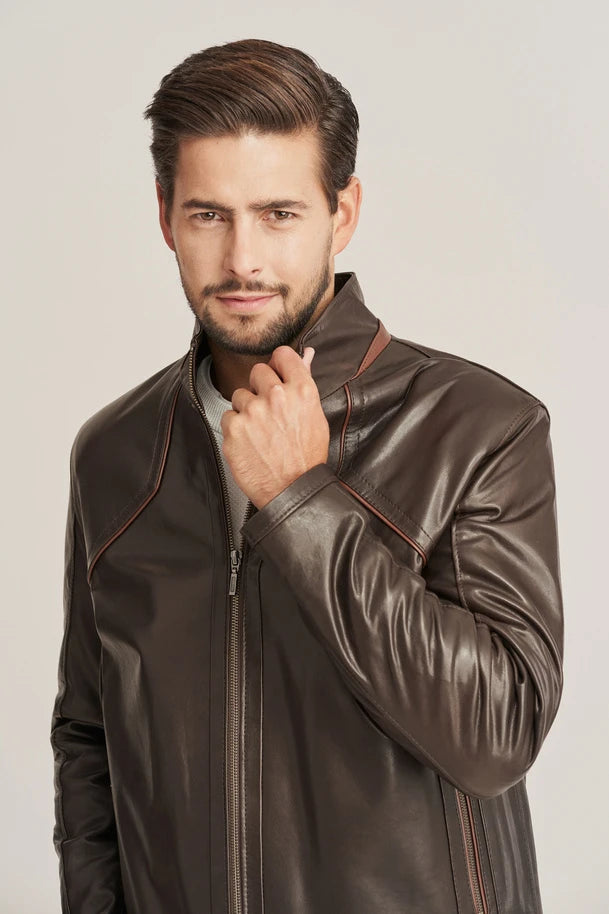 Kaiven - Men’s Brown Leather Jacket with Stand-Up Collar