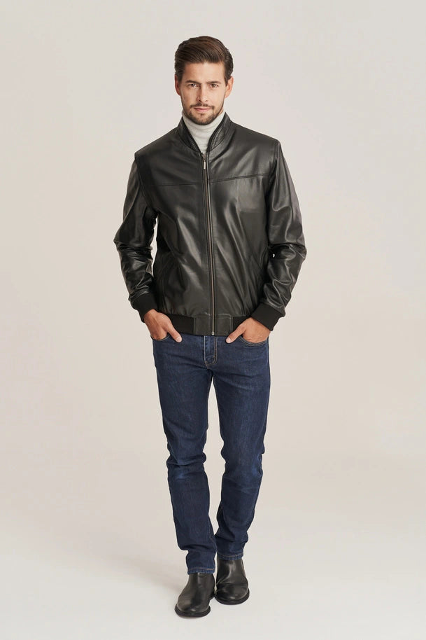 Kellan - Men's Slim Fit Black Leather Bomber Jacket