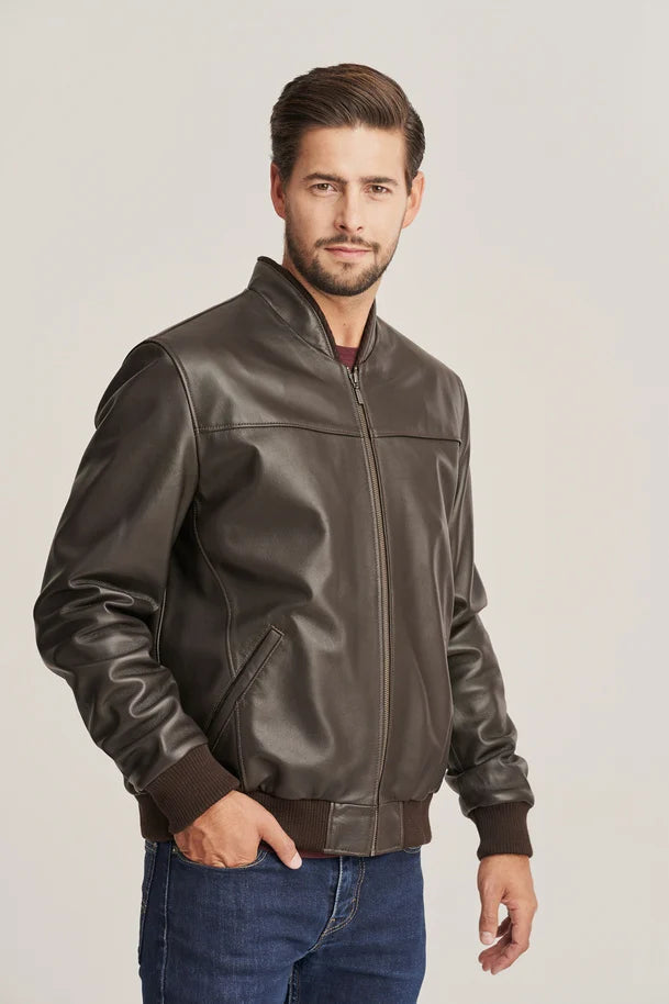 Kellan - Men's Brown Slim Fit Bomber Leather jacket