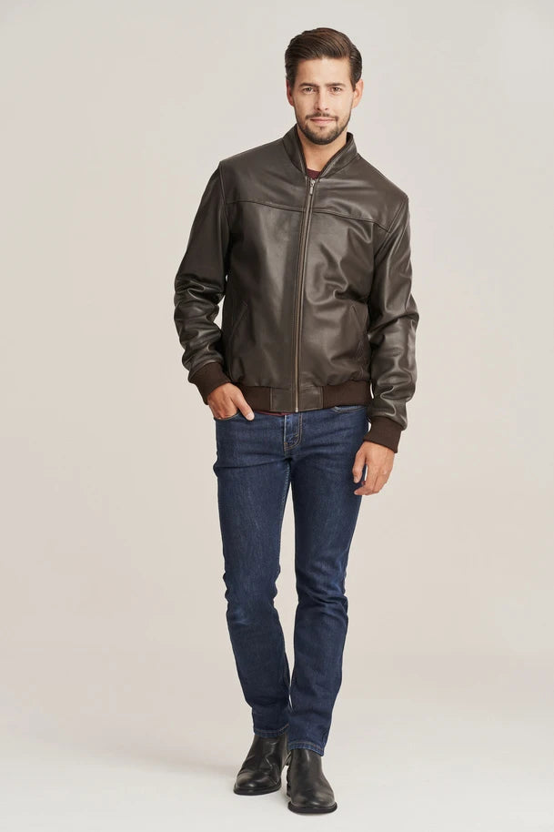 Kellan - Men's Brown Slim Fit Bomber Leather jacket