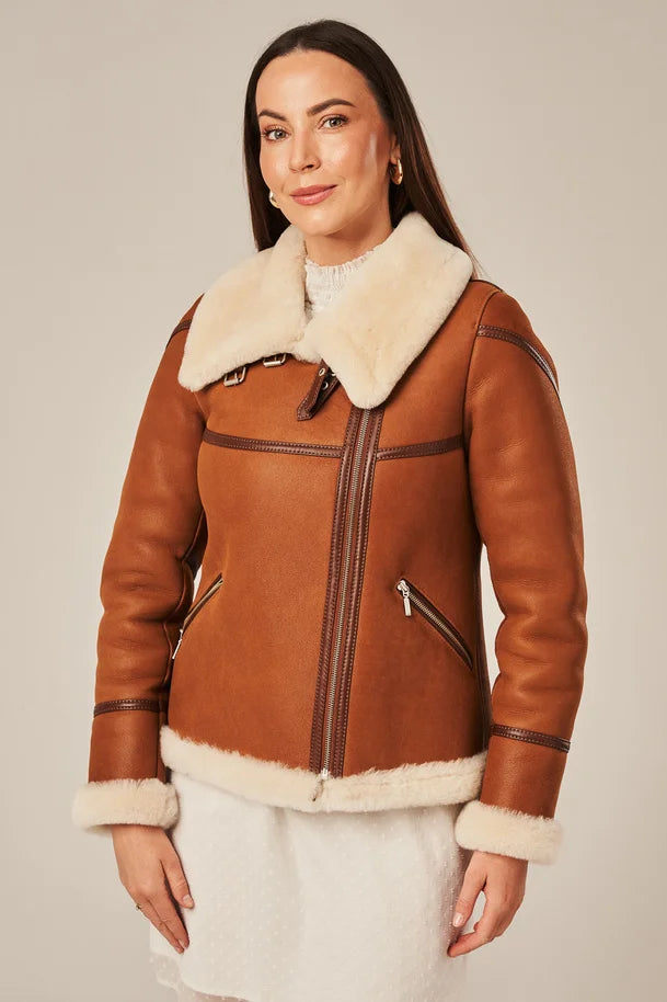 Levona - Women's Tan Brown Biker Style Shearling Jacket