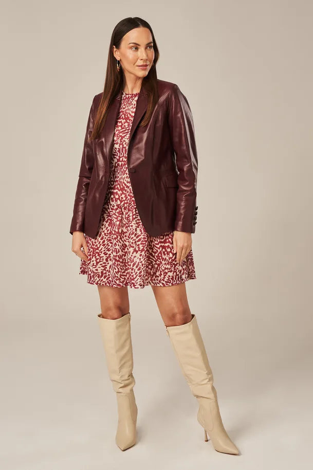 Liorra - Women's Burgundy One Button Leather Blazer