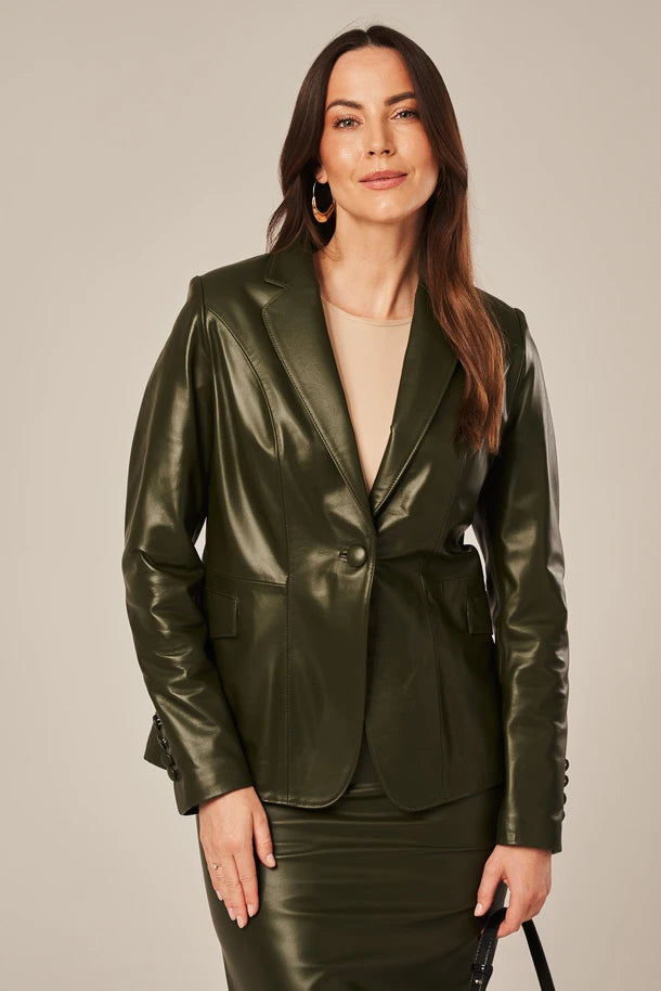 Liorra - Women's Olive Green One Button Leather Blazer