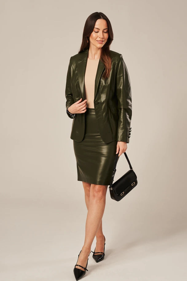 Liorra - Women's Olive Green One Button Leather Blazer