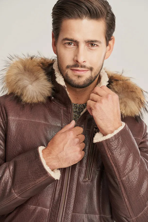 Loxen - Men’s Brown Shearling Leather Jacket with Fur Hood
