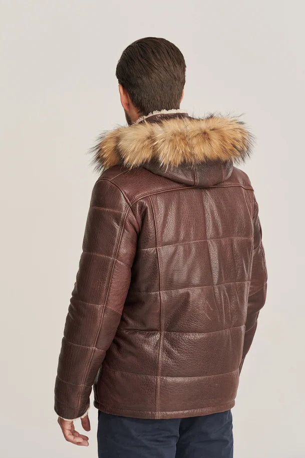 Loxen - Men’s Brown Shearling Leather Jacket with Fur Hood