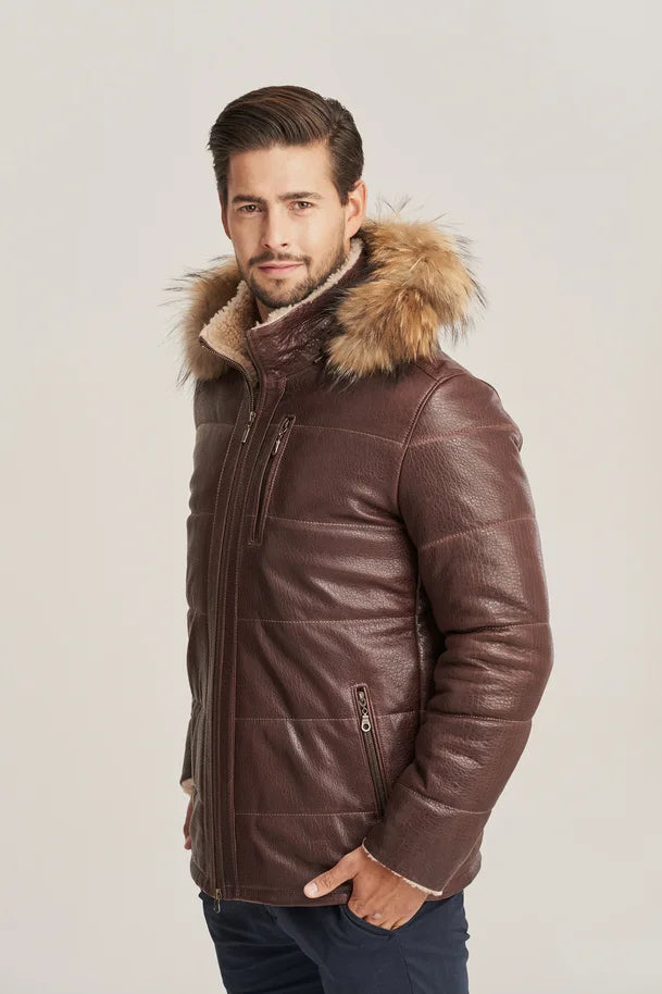 Loxen - Men’s Brown Shearling Leather Jacket with Fur Hood
