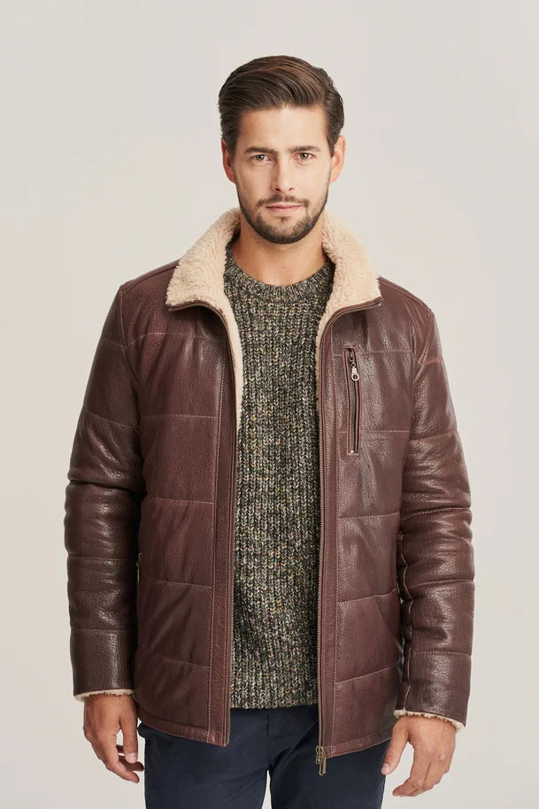 Loxen - Men’s Brown Shearling Leather Jacket with Fur Hood