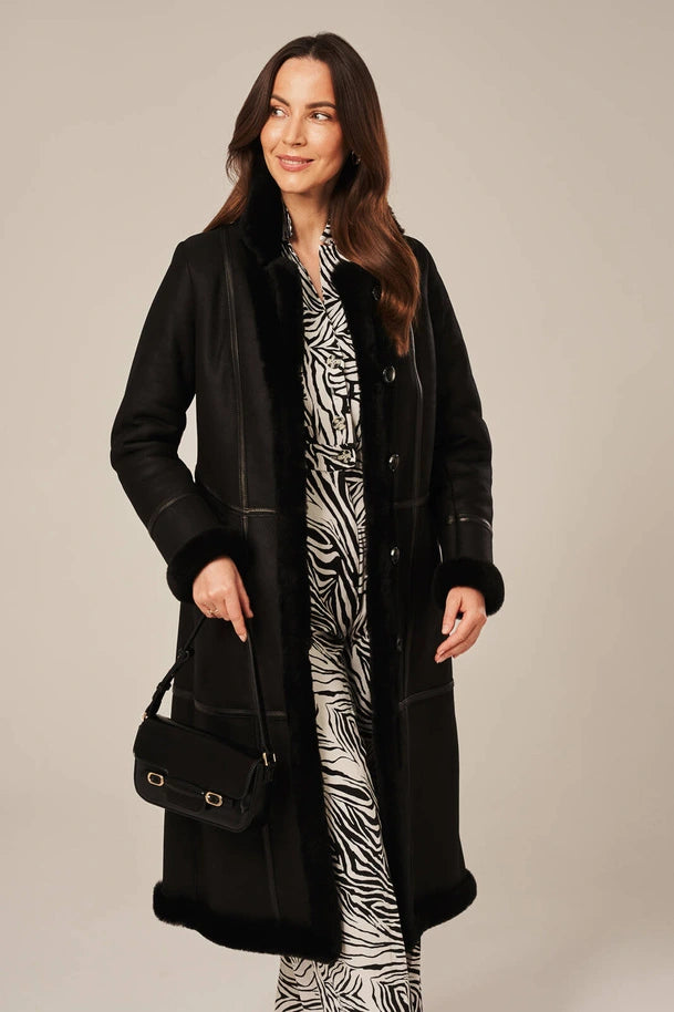 Luneth - Women's Black Long Shearling Leather Coat